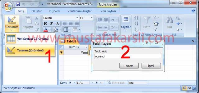 Access Veritabanı Oluşturma
