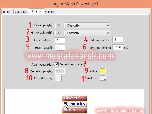 Açılır menü gelişmiş ayarlar