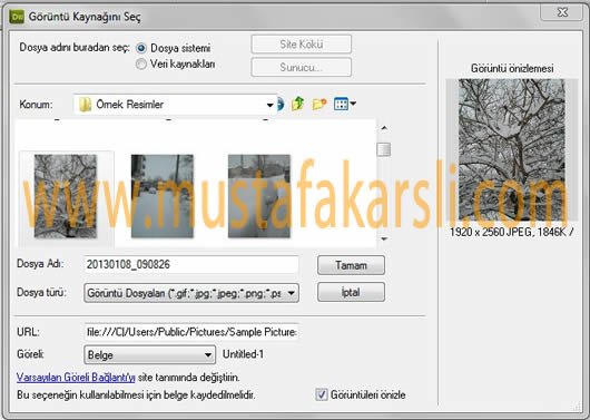 Dreamweaver Resim Ekleme Penceresi